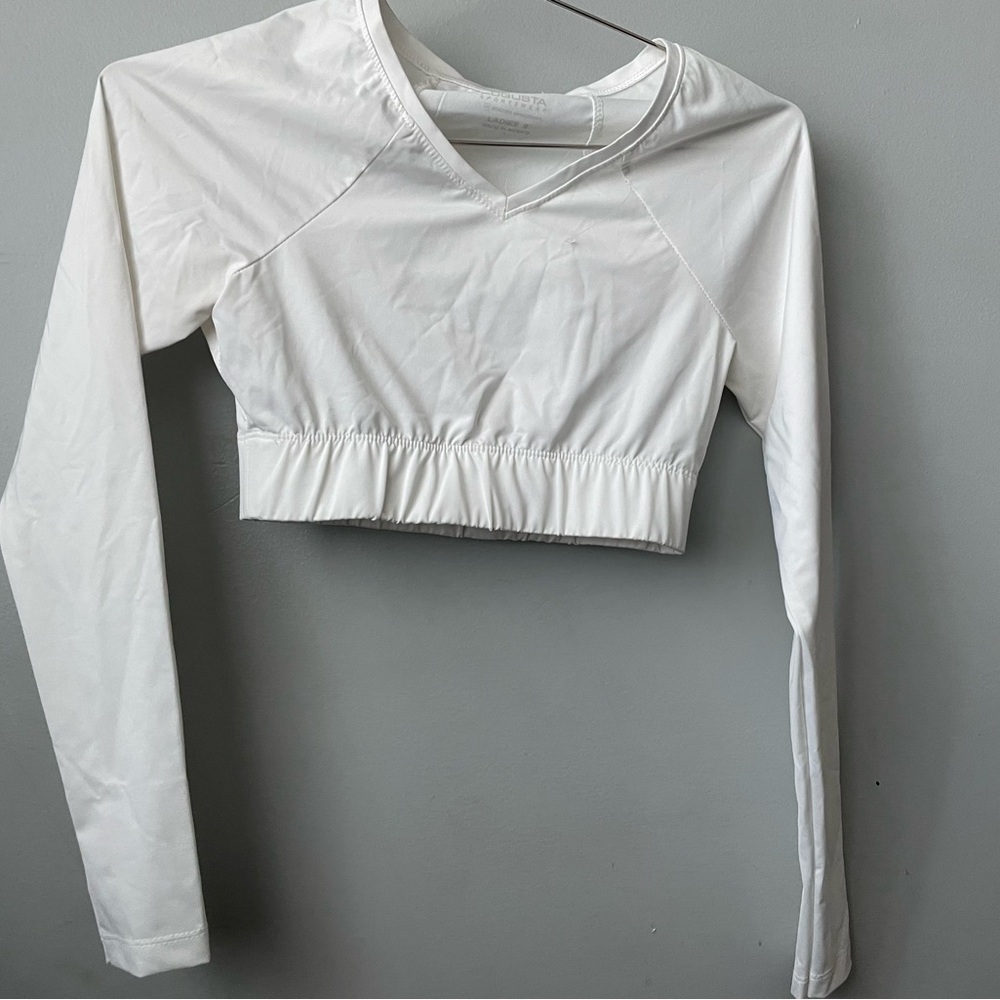 Cropped Long-Sleeve White V-Neck Stretch Crop Top